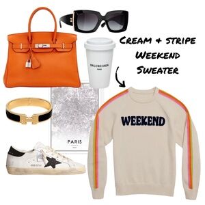 Copy-Weekend Knit Sweater With Blue Letters & Pink, Orange & Yellow Stripes